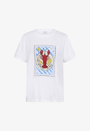 T-shirt en coton blanc présentant un graphique de homard dans un design évoquant un timbre bleu et blanc, accentué de tranches de citron jaunes.