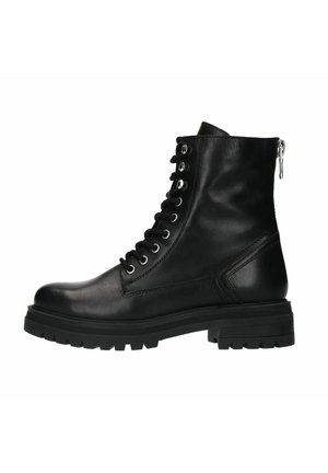 Bottine en cuir noir avec un bout rond, fermeture à lacets à l'avant, fermeture éclair et semelle crantée pour traction et durabilité.