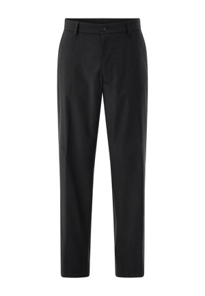Black straight-leg trousers with belt loops, front button, and zip closure, displayed on a white background.