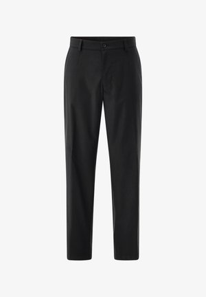 Black straight-leg trousers with belt loops, front button, and zip closure, displayed on a white background.