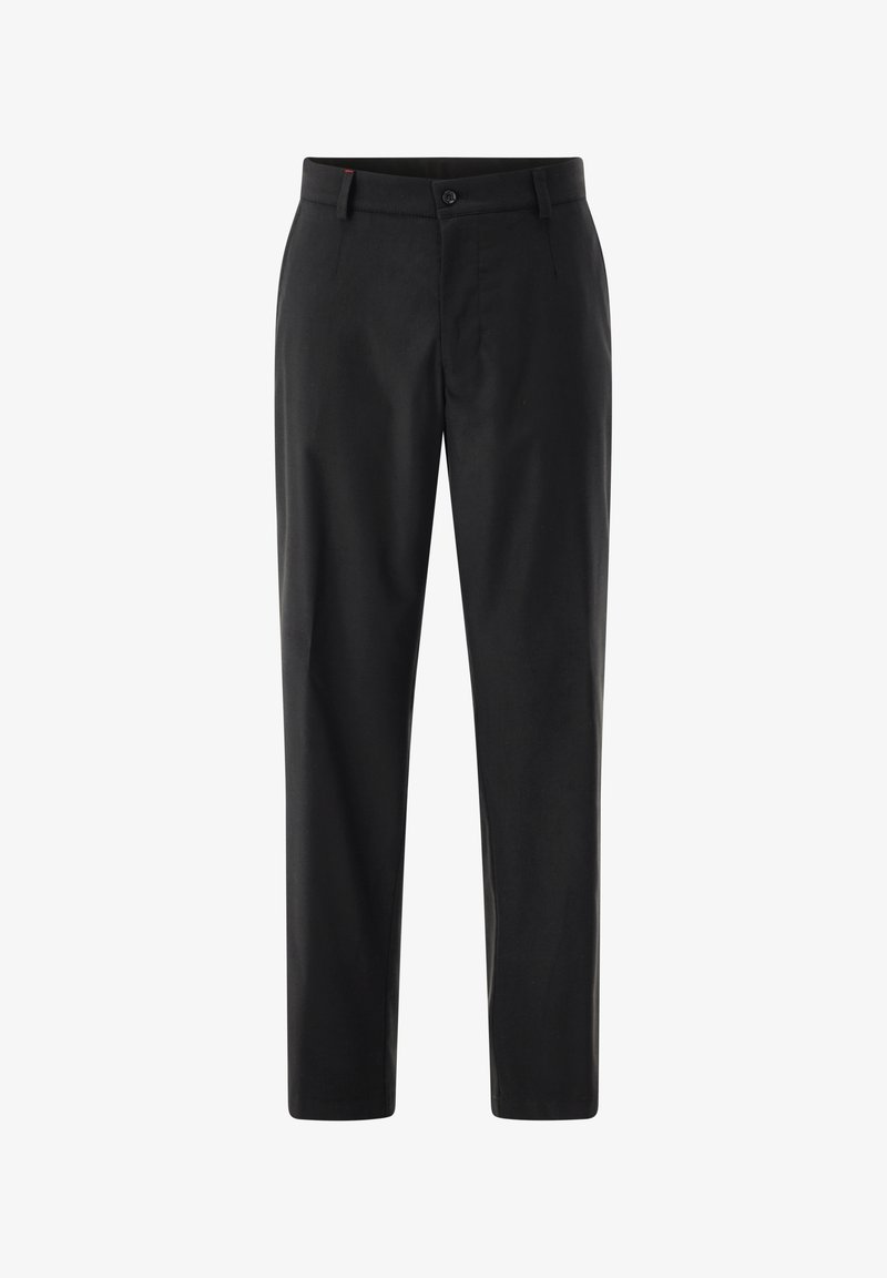 Black straight-leg trousers with belt loops, front button, and zip closure, displayed on a white background.