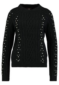 Czarny sweter robiony na drutach z warkoczowym wzorem, okrągłym dekoldem i perłowymi akcentami na rękawach i bokach. Żółte ściągacze na talii i mankietach.