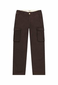 Bruna cargobyxor har stora sidofickor, en rak ben design och ett slitstarkt bomullsmaterial. Knäppning vid midjan.