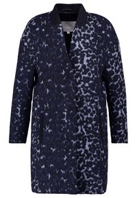 Cappotto lungo da donna con motivo leopardato blu e nero e colletto nero, dotato di maniche lunghe e tasche frontali.