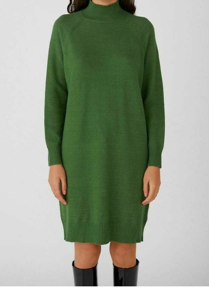 Femme portant une robe-pull verte à manches longues et longueur genou, associée à des bottes noires montant jusqu'aux genoux, debout devant un fond uni.