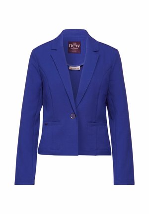 Blazer azul hecho de tejido texturizado. Cuenta con solapas descotadas, cierre de un solo botón y dos bolsillos frontales. Etiqueta visible en el interior.