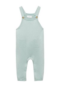Salopette lavorata a maglia verde menta chiaro con spalline regolabili, due tasche frontali, dettagli in legno e chiusure a scatto sul fondo.