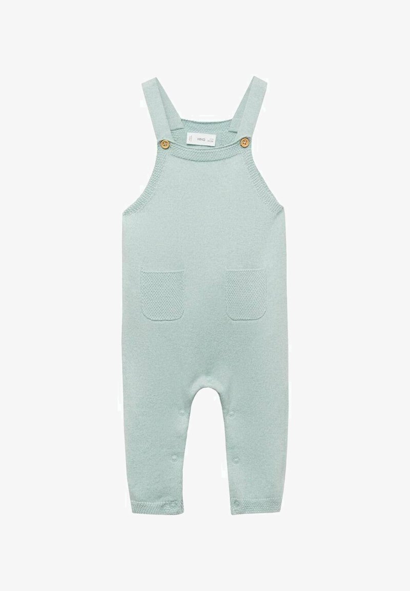 Light mint green knitted overalls with adjustable straps, two front pockets, wooden button accents, and snap closures on the bottom.