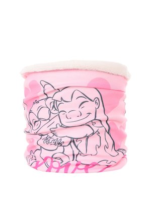 Pink neck warmer featuring a soft, plush lining. It showcases black outlines of two cartoon characters embracing, with a printed heart pattern.