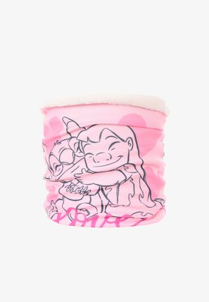 Roze nekwarmer met een zachte, pluche voering. Het toont zwarte contouren van twee cartoonfiguren die elkaar omarmen, met een gedrukt hartpatroon.