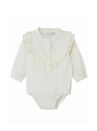 Body a maniche lunghe di colore bianco con colletto arricciato, chiusura frontale a bottoni e tessuto testurizzato. Progettato per neonati, taglia 56.