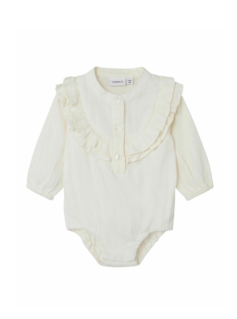 Body a maniche lunghe di colore bianco con colletto arricciato, chiusura frontale a bottoni e tessuto testurizzato. Progettato per neonati, taglia 56.