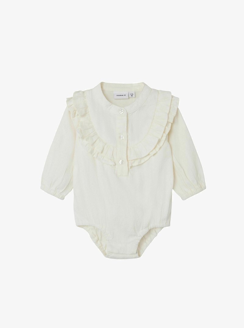 Body a maniche lunghe di colore bianco con colletto arricciato, chiusura frontale a bottoni e tessuto testurizzato. Progettato per neonati, taglia 56.