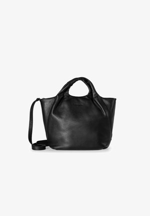 Schwarze Lederhandtasche mit einer weichen, strukturierten Oberfläche, ausgestattet mit zwei oberen Griffen und einem abnehmbaren Schulterriemen für vielseitige Trageoptionen.