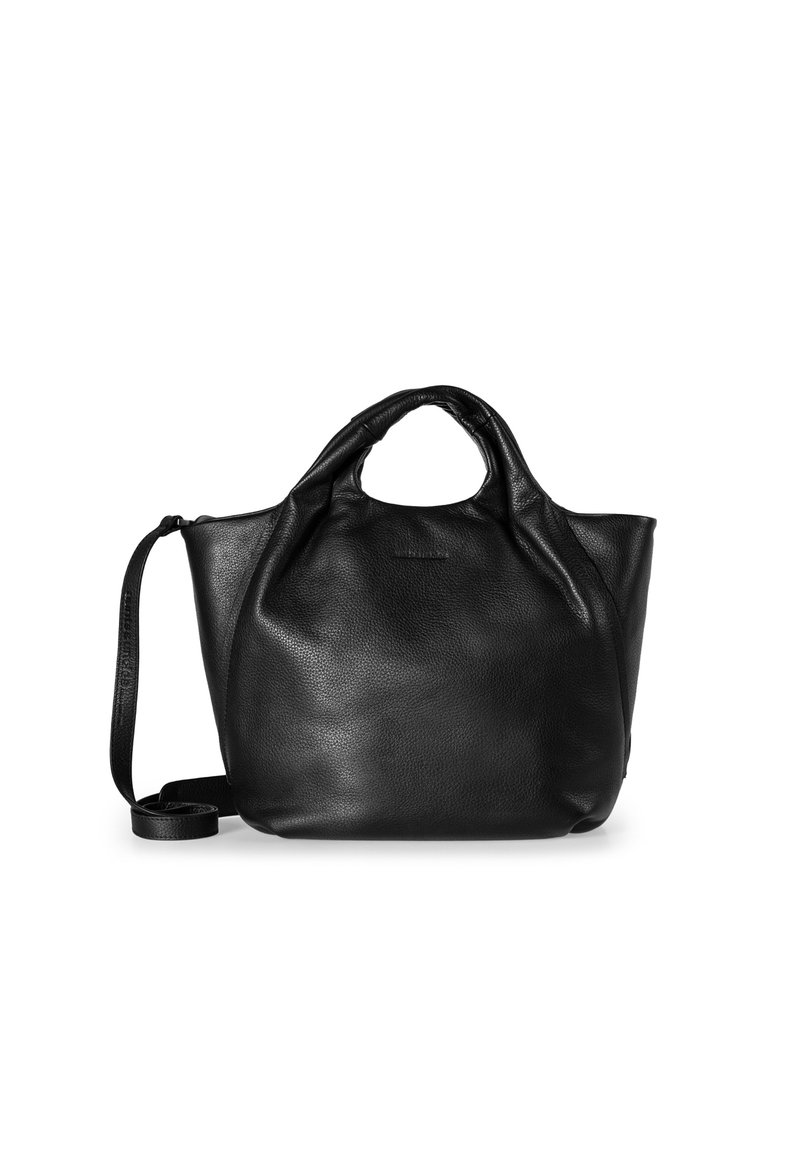 Zwarte leren handtas met een zachte, gestructureerde afwerking, met dubbele bovenhandvaten en een afneembare schouderband voor veelzijdige draagmogelijkheden.