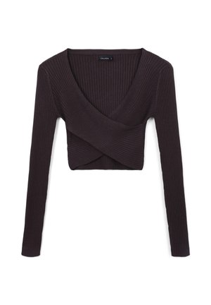 Top a maniche lunghe cropped di un viola scuro a costine con scollatura a V profonda e design incrociato nella parte anteriore. Presenta un tessuto testurizzato per un tocco di originalità.