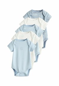 Öt rövid ujjú bodysuit világoskék és fehér pamutból, medve mintákkal és patentos alsó résszel a könnyű öltözködés érdekében.