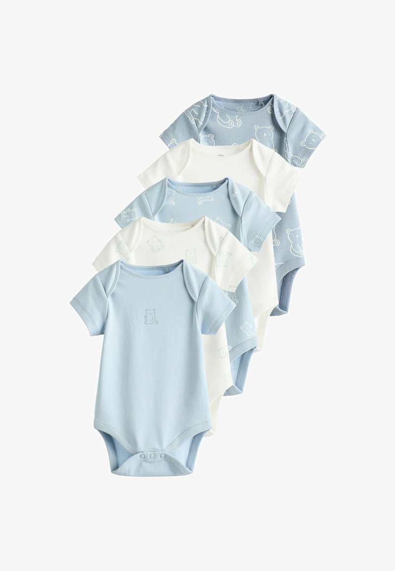 Fünf Kurzarm-Bodys aus hellblauem und weißem Baumwollstoff mit Bärenmustern und Druckknöpfen im Schritt für ein einfaches Anziehen.