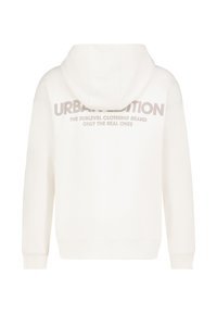 White hooded sweatshirt featuring "URBAN EDITION" text in gray on the back. It has long sleeves and a relaxed fit, made of soft fabric.