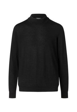 Black long-sleeve turtleneck sweater with ribbed cuffs and hem, made of lightweight knit fabric.