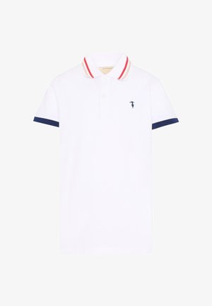 Witte polo met korte mouwen, marineblauwe mouwranden, rood-beige gestreepte kraag, knoopsluiting met twee knopen en een klein marineblauw geborduurd logo op de linkerborst.
