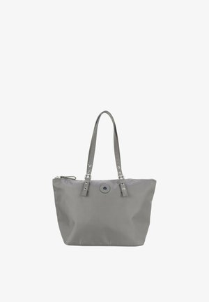 Siva torba iz najlona z dolgima trakovoma. Ima okrogel logotip in zadrgo za zapiranje. Gladek tekstura in preprost dizajn.