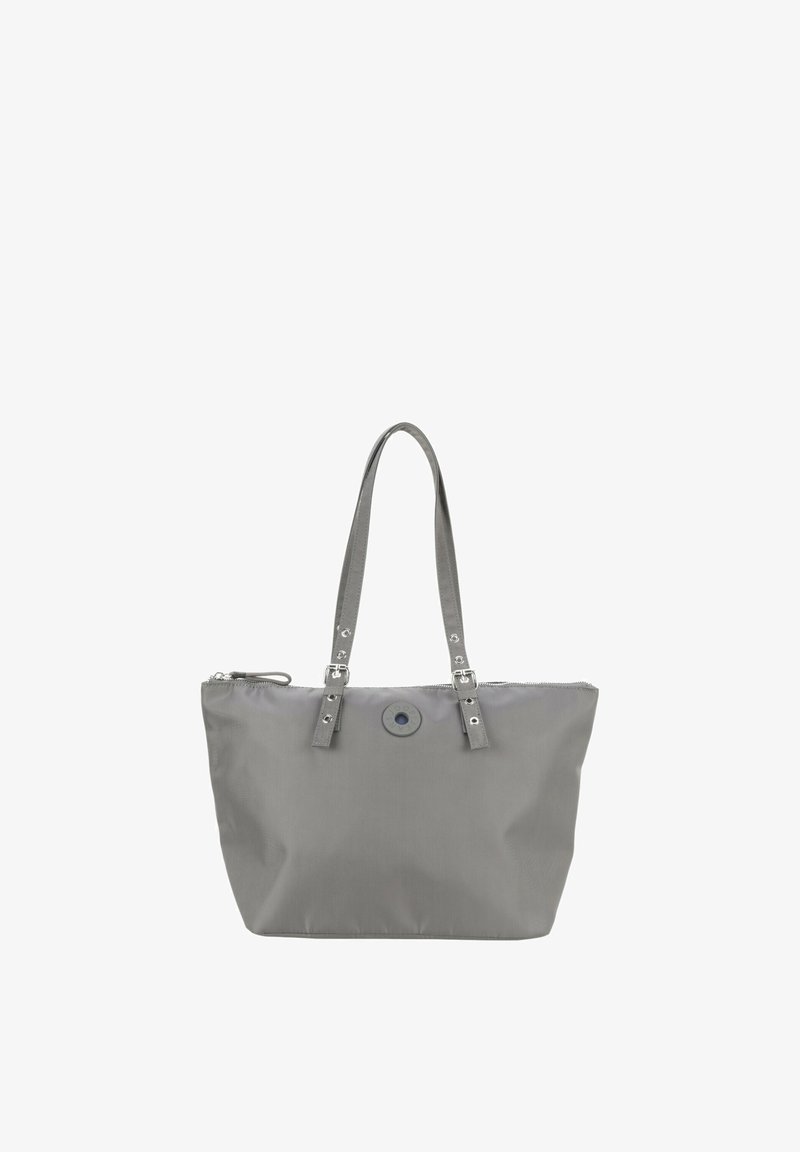 Szara torba na ramię wykonana z nylonu z dwoma długimi paskami. Posiada okrągłe logo jako ozdobę oraz zamek błyskawiczny. Gładka faktura i prosty design.