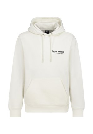 Cream hoodie made of soft fabric with a front pocket and adjustable drawstring hood. Features a black logo text on the chest.