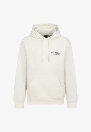 Cream hoodie made of soft fabric with a front pocket and adjustable drawstring hood. Features a black logo text on the chest.
