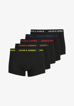 Ensemble de boxers noirs comprenant cinq paires avec des ceintures élastiques. Chaque ceinture arbore le texte contrasting "JACK & JONES" en orange, rouge, bleu et jaune.