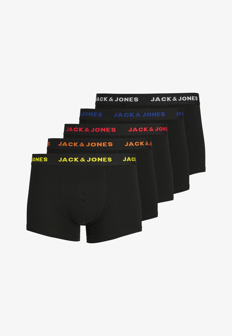 Zwart boxer shortset met vijf paar en elastische taillebanden. Elke tailleband heeft contrasterende "JACK & JONES" tekst in oranje, rood, blauw en geel.