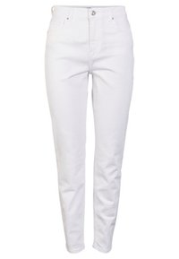 Pantalones de denim blancos con cintura alta, corte recto, bolsillos frontales y cierre de un solo botón de metal. Textura suave y tersa.
