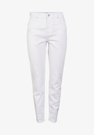 Pantalons en denim blanc présentant une taille haute, une coupe droite, des poches avant et une fermeture à bouton métallique unique. Texture douce et lisse.
