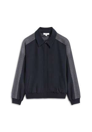 Marine bomberjack met grijze gebreide accentmouwen, ritssluiting aan de voorkant en zijzakken. Zachte stof met ribgebreide boorden en zoom.