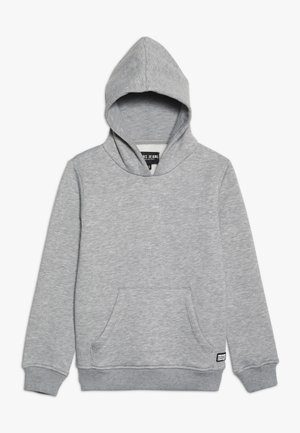 Grey hoodie made of soft fabric, featuring a front pocket, a drawstring hood, ribbed cuffs, and a decorative label on the hem.