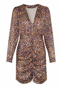 Flerfärgad klänning med långa ärmar, V-hals och ruched-detaljer i midjan. Har ett texturerat, abstrakt mönster i lila, orange och beige.