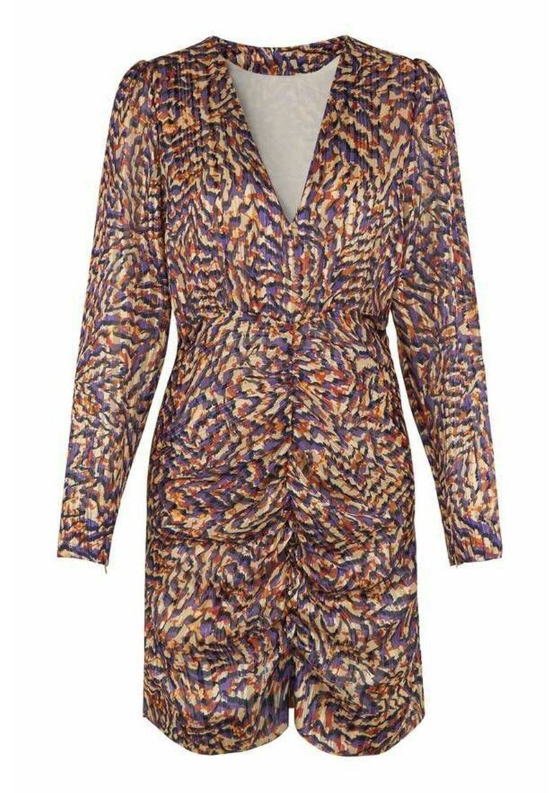 Flerfärgad klänning med långa ärmar, V-hals och ruched-detaljer i midjan. Har ett texturerat, abstrakt mönster i lila, orange och beige.