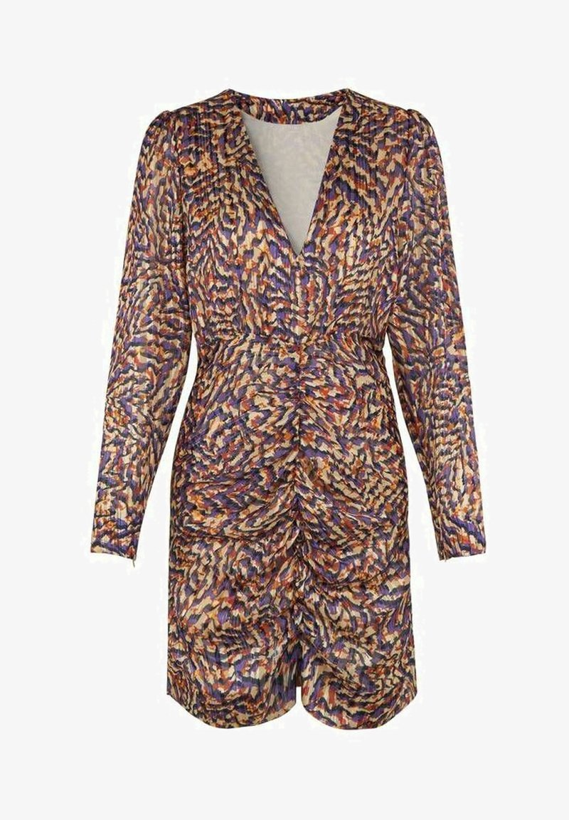 Flerfärgad klänning med långa ärmar, V-hals och ruched-detaljer i midjan. Har ett texturerat, abstrakt mönster i lila, orange och beige.