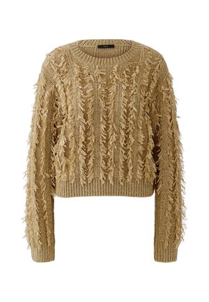 Beige gebreide trui met franjerand langs de voorkant, mouwen en geribde boorden en zoom, voorzien van een ronde hals.