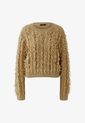 Beige gebreide trui met franjerand langs de voorkant, mouwen en geribde boorden en zoom, voorzien van een ronde hals.