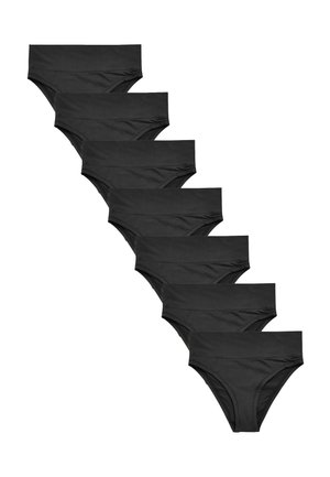 Seitse paari lihtsaid musta värvi naiste kõrge vöökohaga bikiinipükse, mis on valgel taustal diagonaalselt paigutatud.