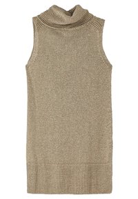 Abito smanicato beige in maglina con collo a cowl alto e orlo a coste. Tessuto liscio con una leggera lucentezza metallica in tutto l'abito.