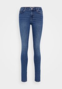 Skinny jeans in dark blue denim with a smooth texture, front pockets, and a metal button closure, featuring a classic five-pocket design.