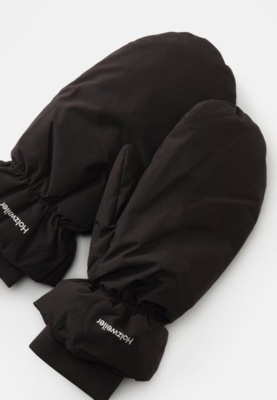 Mănuși izolate negre, dintr-un material moale, cu manșete elastice. Prezintă un logo pe încheietura mâinii și o textură netedă, ușor lucioasă.