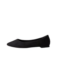 Bailarina de ante negro con punta afilada y tacón bajo. Textura suave con un diseño limpio y sin adornos visibles.