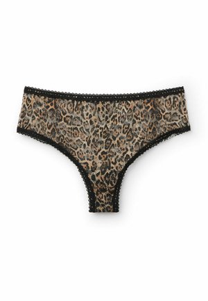 Culotte en imprimé léopard en matériau transparent avec une bordure en dentelle noire. Présente une coupe mi-haute et une texture lisse.