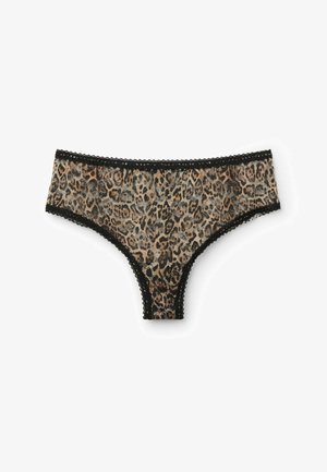Panties de estampado de leopardo en material transparente con un ribete de encaje negro. Presentan un corte a media altura y una textura suave.