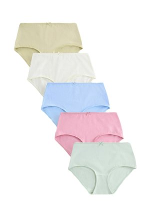 Cinq culottes en coton taille haute pour femmes en beige, blanc, bleu clair, rose et vert clair, chacune avec un petit nœud au centre de la ceinture.