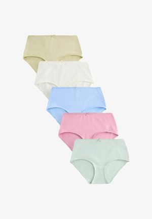 Viis naiste kõrge vöökohaga puuvillased aluspüksid beežis, valges, helesinis, roosas ja helerohelises värvitoonis, igaühel väike vibu vöökohal.