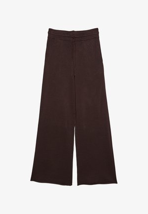 Brown wide-leg pants made of soft fabric, featuring an elastic waistband with drawstring, and a textured surface for added detail.